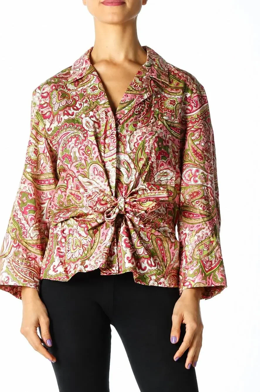 Jones New York Signature Pink Green Paisley Tie Front Cotton Blouse Size Small
